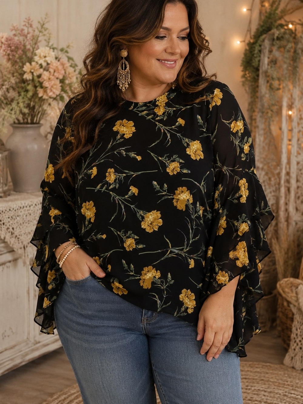 Warehouse Black Floral Ruffle Sleeve Blouse Yellow Floral Print Size 14 1X